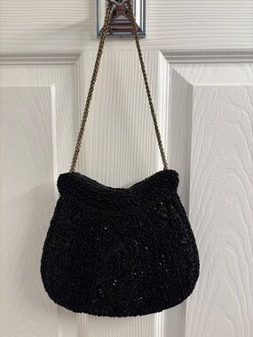 Vintage Black Beaded Evening Handbag - Fabulous w/Chain